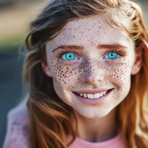 Prompt: arafed woman with blue eyes and freckled hair smiling, jodie bateman, cute woman, kailee mandel, beautiful girl, gorgeous model, ellie victoria gale, smiling girl, good girl, cute freckles, closeup headshot, small freckles, closeup headshot portrait, jamie coreth, headshot profile picture, max dennison, medium close up portrait, a close up of a woman with long blonde hair and a jacket, “meryl streep portrait, uma thurman, leaked image, illustration!, olya bossak, beth cavener, headshot portrait, beautiful face!!!!, karolina cummings, digitally enhanced, hyper - realistic, hyper-realistic, inspired by Marc-Aurèle de Foy Suzor-Coté, (bikini top:1.9), sultry, flirty