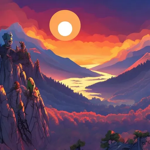 Prompt: cartoon, color, skeleton  on a mountain sunrise, spooky, 