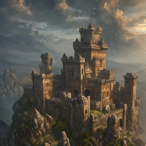 Prompt: Old castle, well built, atop a high mountain amidst a sea of bluish mist clouds, oil painting, closeup, intricate details, soft sunlight, the weathered stone structures, weird sculptures and eroded walls of a forgotten civilization

