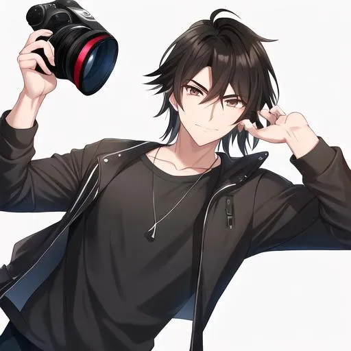 Prompt: Caleb 1male. Sleek black hair, sassy and lively brown eyes. Wearing a cool and casual, relaxed fit with a trendy design. UHD. As a Photographer, holding a camera. Highly detailed, best quality 
