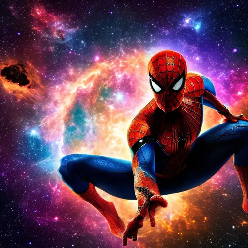 Prompt: The amazing spider
man, looking into camera, space background filled with galaxies, nebulas, stars and blackholes, bright colors, planets, solar systems 