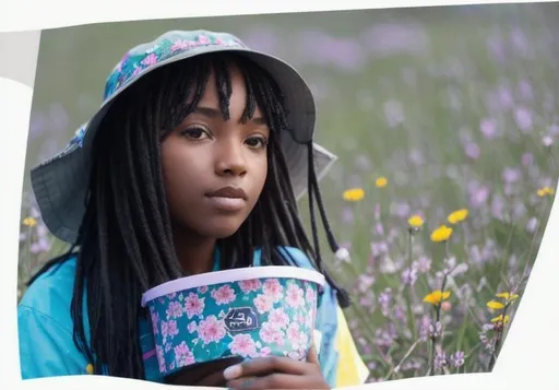 Prompt: A black girl  sitting in a flowery meadow with a bucket hat that has "petty" written on it.