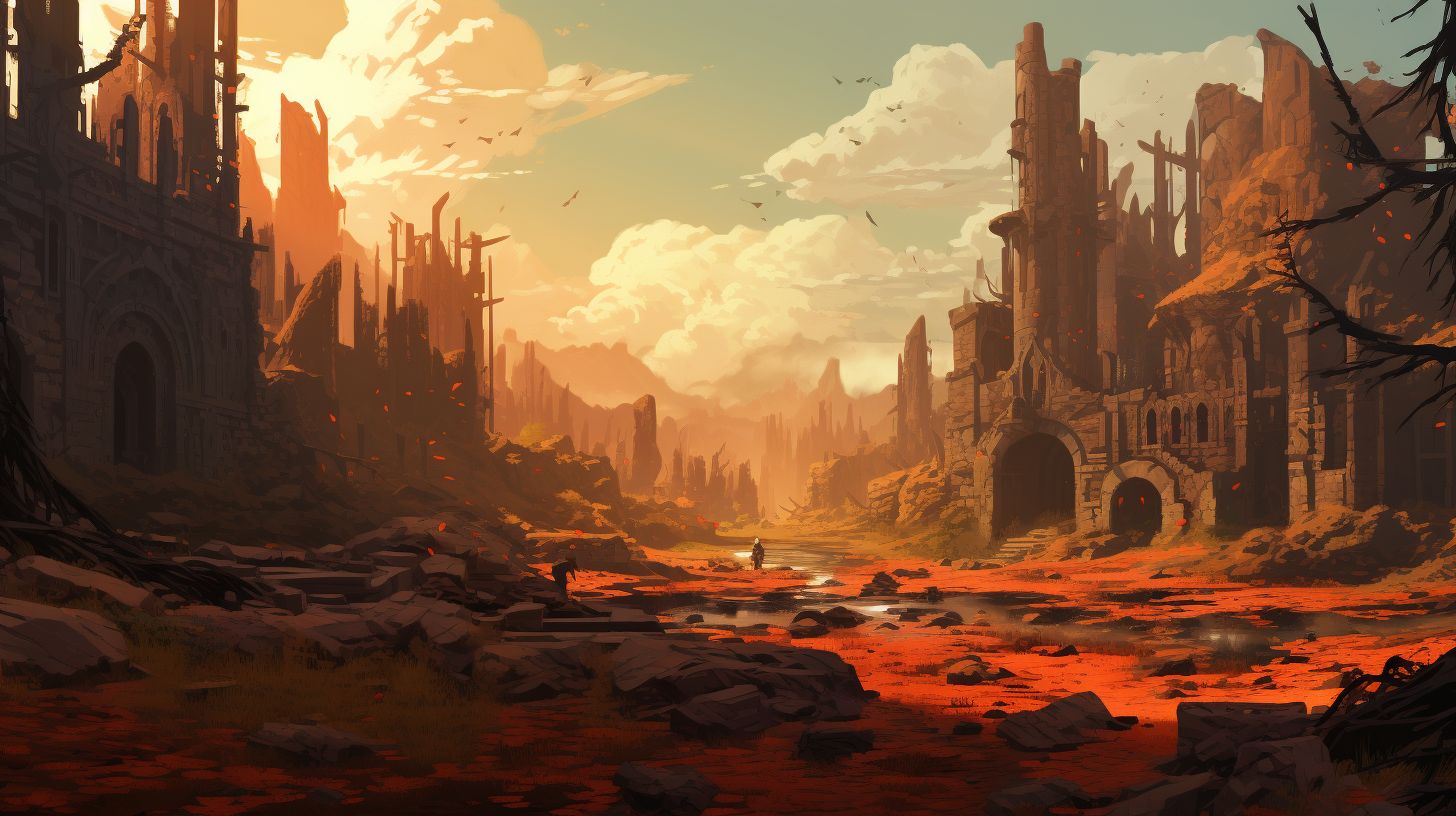 Prompt: a scenic backdrop in the wastelands of civilzations, large beautiful forests and mountains ingrown around the rubble of the old buildings, in the style of Bethesda and Genshin Impact, vibrantly beautiful colors contrasting stale browns --ar 16:9