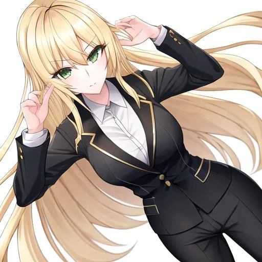 Prompt: Kazumi 1female. Long Blonde hair that stops at her shoulders. Sharp and lively green eyes. Wearing a  sleek and stylish ensemble, with a tailored blazer, crisp button-up shirt, and fashionable trousers. 