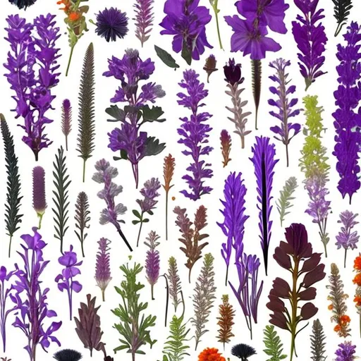 Prompt: herbarium botanical flowers in purple, white, and orange
