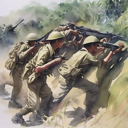 Ambushing Enemy Patrol Philippines 1942 in Watercolor