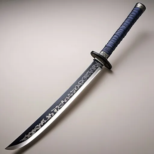 Prompt: a traditional katana with a hilt wrapped in dark, midnight-blue silk, adorned with intricate silver patterns that seem to shimmer in the faintest light. The blade itself is sleek and polished, reflecting the surrounding shadows with a haunting allure. Despite its unassuming appearance, the sealed Zanpakuto exudes an aura of quiet power and mystery, hinting at the untapped potential lying dormant within its blade.