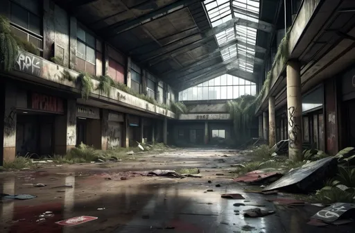 Prompt: Desolating shopping mall in 'The Last of Us' style, post-apocalyptic, grungy aesthetic, debris scattered on the floor, dramatic lighting, dusty atmosphere, abandoned shops, dark and moody, high quality, cinematic, gritty, detailed textures, eerie ambiance, overgrow with vegetation, washed graffiti