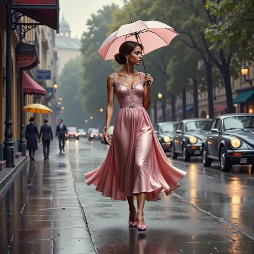 Prompt: a woman walking down a street holding an umbrella in the rain with cars parked on the side of the road, Anka Zhuravleva, art photography, fashion photography, a photorealistic painting