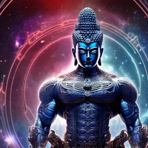 Prompt: alexandrite bodybuilding armored buddha, widescreen, infinity vanishing point, spiral galaxy background