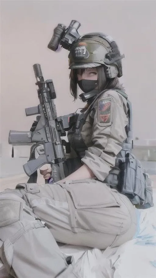 Prompt: Anime masked female holding a M4a16 , in tactical gear ,with tactical helmet 