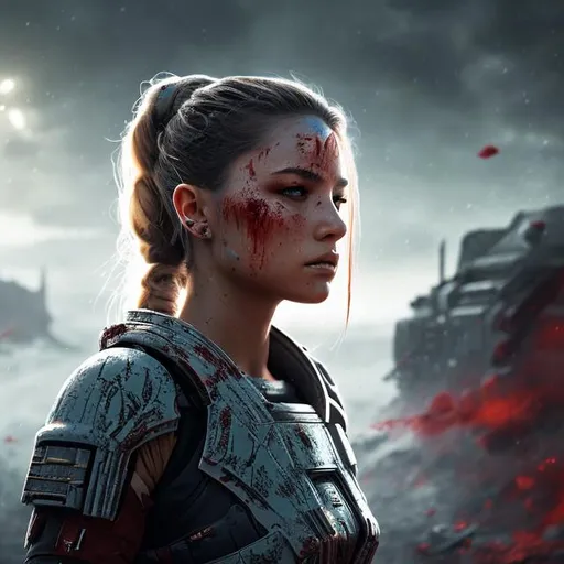 Prompt: create beautiful fictional female elite space soldier from future who is battle scarred and covered in blood, extremely, detailed environment, detailed background, intricate, detailed skin, natural colors , professionally color graded, photorealism, 8k, moody lighting


