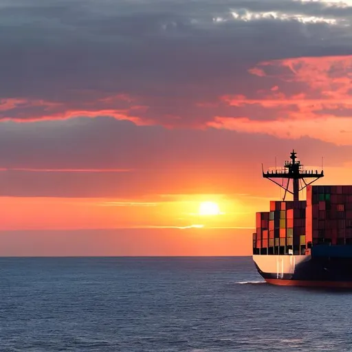 Prompt: a container vessel called AAW on the ocean with a beautiful sunset behind it