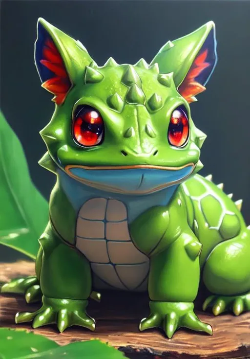 Prompt: UHD, , 8k,  oil painting, hyper realism, Very detailed, zoomed out view of character, HD, High Quality, Anime, Pokemon, Bulbasaur, blue-green quadrupedal amphibian, green plant bulb on back,  blue skin with darker patches, It has red eyes with white pupils, pointed, ear-like structures on top of its head, and a short, blunt snout with a wide mouth, A pair of small, pointed teeth are visible in the upper jaw when its mouth is open, Each of its thick legs ends with three sharp claws, On Bulbasaur's back is a bright green circular plant bulb that conceals two slender, tentacle-like vines, which is grown from a seed planted there at birth, The bulb also provides it with energy through photosynthesis as well as from the nutrient-rich seeds contained within, forest, Pokémon by Frank Frazetta