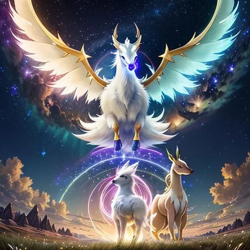 Prompt: Arceus V Star and Psyduck
 Pokémon, stunning, epic pose, Arceus full form,
 {{{{highest quality concept art masterpiece in the style of Kayawoo }}}, night setting,  digital drawing oil painting, 128k UHD HDR, Holographic background, stars in the sky, hyperrealistic intricate, arms folded looking epic, graphic comic (HDR, UHD, 64k, best quality, RAW photograph, best quality, cute, masterpiece:1.5,Ultra realistic high definition .  {{{{highest quality concept art masterpiece}}}} digital drawing oil painting, 128k UHD HDR, hyperrealistic intricate. Unreal engine 5
