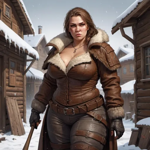 Prompt: Full body, Fantasy illustration of a female russian, full figured, thug, sneer expression, leather armor, wooden bat, brown hair, scars, high quality, rpg-fantasy, detailed, snow covered slums background