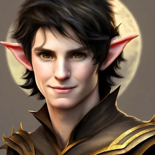 Prompt: Portrait, realistic, young male elf wizard with black hair, with a sly smile.