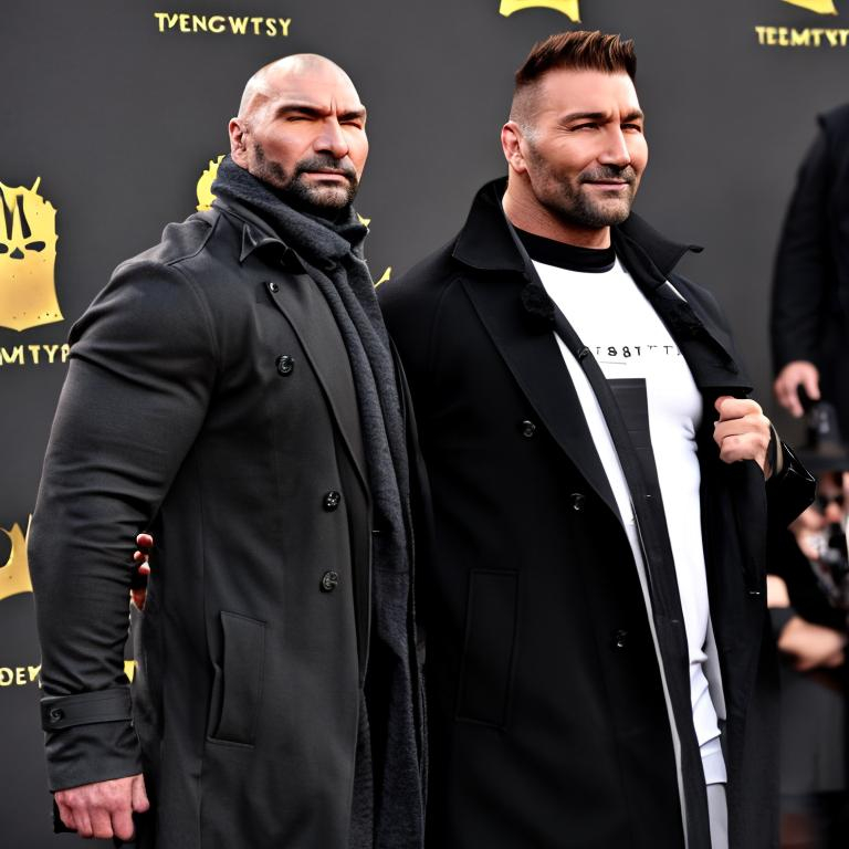 Tall, burly man, like Dave Bautista , dressed in bla