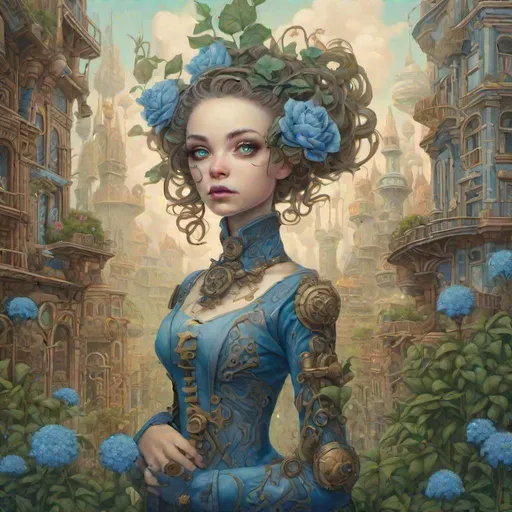 Prompt: Very detailed female, steampunk city taken over by plants in the background, d & d, fantasy, with blue flowers, beautiful face, hyperrealism delicate detailed complex, sophisticated, vibrant colors, volumetric lighting, pop surrealism art by Mark Ryden and Anna Dittmann