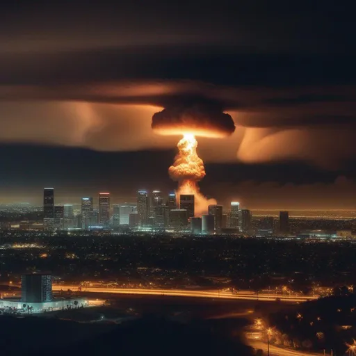 Prompt: Los Angeles, United States, suffers a nuclear attack at nigth,  Hyperrealistic, sharp focus, Professional, UHD, HDR, 8K, Render, electronic, dramatic, vivid, pressure, stress, nervous vibe, loud, tension, traumatic, dark, cataclysmic, violent, fighting, Epic