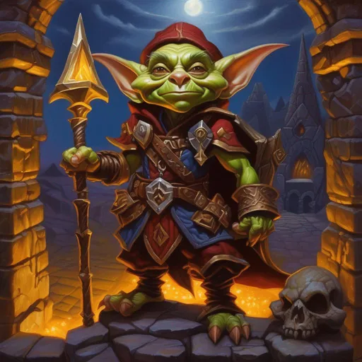Prompt: Goblin sorcerer, female goblin, Dungeons and Dragons character art, oil painting, background consists of magical ruins at twilight, his expression is one of wonder, he is wearing expensive adventurer clothing, art inspired by "World of Warcraft", detailed symmetrical face, real, alive, real skin textures,