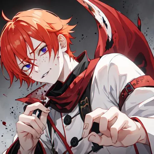 Prompt: Erikku male adult (short ginger hair, freckles, right eye blue left eye purple) covered in blood, covering his face with his hand, wide eyes, insane, fear, threatening, anime style, 