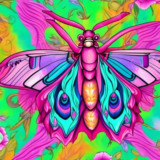 Prompt: Rose myrtle moth in the style of Lisa frank