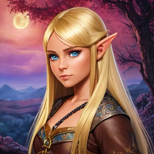 Prompt: oil painting, D&D fantasy, hobbit girl, tanned-skinned-female, beautiful, short bright dirty blonde hair, straight hair, stoic, pointed ears, looking at the viewer, adventurer wearing intricate leather amor, #3238, UHD, hd , 8k eyes, detailed face, big anime dreamy eyes, 8k eyes, intricate details, insanely detailed, masterpiece, cinematic lighting, 8k, complementary colors, golden ratio, octane render, volumetric lighting, unreal 5, artwork, concept art, cover, top model, light on hair colorful glamourous hyperdetailed medieval city background, intricate hyperdetailed breathtaking colorful glamorous scenic view landscape, ultra-fine details, hyper-focused, deep colors, dramatic lighting, ambient lighting god rays, flowers, garden | by sakimi chan, artgerm, wlop, pixiv, tumblr, instagram, deviantart
