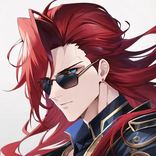 Prompt: Zerif 1male (Red side-swept hair falling between the eyes, sharp and sassy blue eyes), highly detailed face, 8K, Insane detail, best quality, UHD, handsome, flirty, muscular, Highly detailed, insane detail, high quality. black sunglasses resting on his head, close up, side profile,  gold jewelry, celebrity  