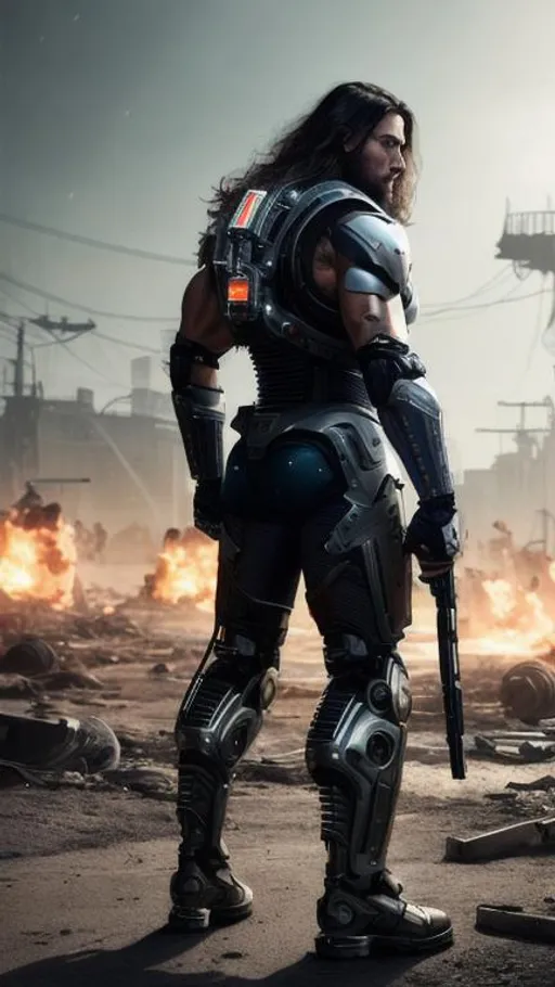 Prompt: Male Cyborg, UHD, 8k,long hair,faided haircut, side view, muscular body, very real, Very detailed, panned out, 32k, his face is visible,post apocalyptic background, full body,  back view, big bum, big legs, 