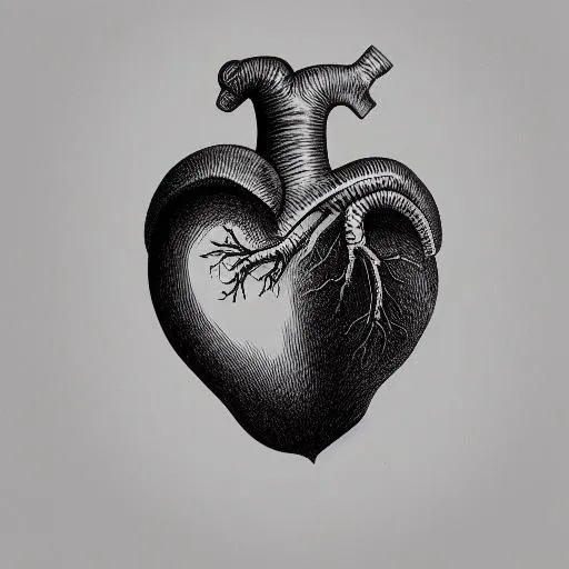 Prompt: superimpose an anatomical heart over an acorn black and white line work