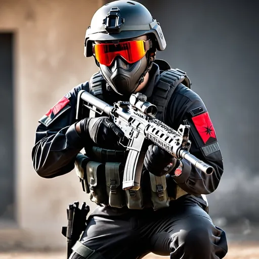 Prompt: A soldier wearing a black military outfit with red designs, and a helmet with a visor the covers their face, aiming an MP5, full body image