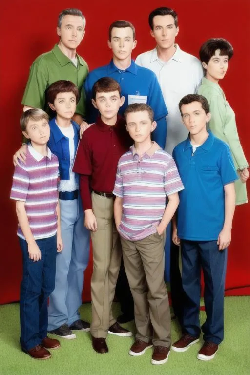 Prompt: Promo photo of the family from the show "Malcolm in the middle" 
 {Dewey, Malcolm, Reese, Lois, Hall and Francis} for the upcoming reunion episode, intricate details, HDR, 8k