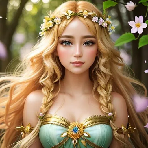 Prompt: fairy goddess of Springtime with golden hair with flowers woven into her hair, ethereal, facial closeup