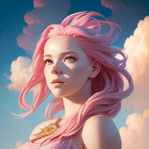 Prompt: Full body Portrait of {goddess} with {pink} hair and with cute face, {clouds}, full body, perfect composition, hyperrealistic, super detailed, 8k, high quality, trending art, trending on artstation, sharp focus, studio photo, intricate details, highly detailed, by greg rutkowski,