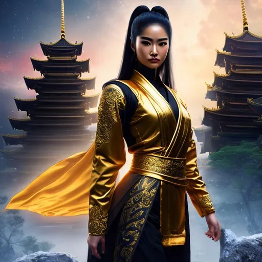 Prompt: create best quality photograph of beautiful female ninja who is standing in yard of most beautiful temple wearing all gold ninja style robes,  night and beautiful sky as background, detailed face, extremely detailed environment, extremely detailed background, extremely detailed skin, extremely detailed clothing, natural colors , professionally color graded, photorealism, 8k, realistic, moody lighting, galactic environment, volumetric lighting