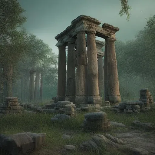 Prompt: ancient ruins in a forest at night