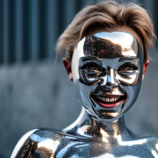 Prompt: steel effect chrome photorealistic female body, chrome teeth, chrome hair, chrome eyes, chrome dress, mischievous smile