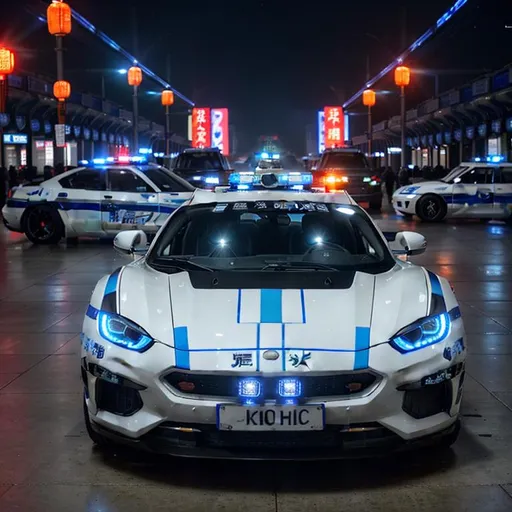 Prompt: Subject: "Police cars"

Creative descriptions: Sleek, blue and white sports cars with spherical wheels are adorned with Chinese characters and the powerful Chinese characters "坡力士". The police cars are covered only with Chinese characters. Flashing lights illuminate the darkness, casting an eerie glow.

Environment: A bustling city at night, with towering skyscrapers and neon signs reflecting off wet pavements. The streets are alive with a mix of excitement and tension.

Mood/Feelings: A sense of authority and vigilance permeates the air. There's an undercurrent of urgency and anticipation, as if something significant is about to unfold.

Artistic medium/Techniques: The scene captures the interplay of light and shadow, highlighting the contrast between the glowing police cars and the dark cityscape. Long exposure techniques enhance the dynamic movement of the flashing lights.

Artists/Illustrators/Art Movements: Inspired by the works of Edward Hopper, with his mastery of capturing urban solitude, and influenced by the noir aesthetic of film noir and graphic novel illustrations.