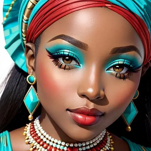 Prompt: Beautiful african woman, beautiful makeup, turquoise and red color scheme, closeup

