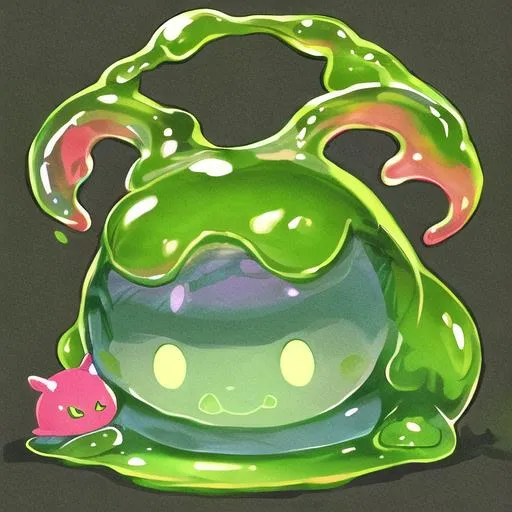 Prompt: slime pet, slime companion, friend, green, videogame, cute, monster, creature, king, magic, scrunkly