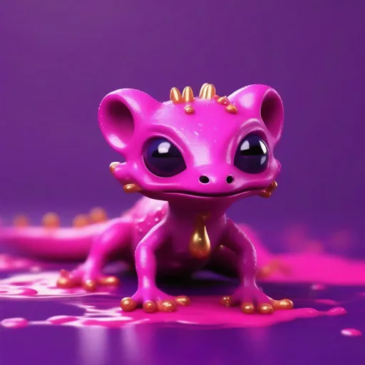 Prompt: Gecko, made of pink slime with purple racoon-like mask and purple tipped ears and tail, the eyes are big and golden, dripping with pink slime, ((in Dripping art style)) , Masterpiece, Best Quality