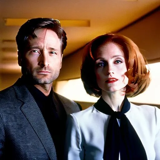 Prompt: Fox Mulder and Dana Scully, wearing Balenciaga clothing, framed as a portrait, dramatic lighting.