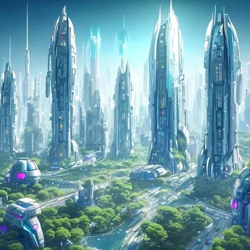 Prompt: Futuristic City White Tall Towers Lush Green Overgrown Plants Light Blue Sky High with many big white spaceships and mini hover viechles
