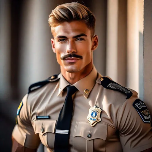 Prompt: Professional photoshoot of a pretty, muscular, cute, tan, male model, with a thin mustache, beige hair, youthful face, wearing a tight police uniform, smirking, {defined shredded musculature, broad shoulders}, {sultry}, center frame, natural light, intricate detail, best quality