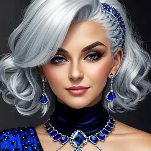 Prompt: A woman with silver hair, wearing sapphire jewelry 