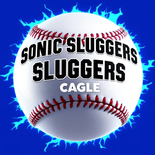 Prompt:  The word "SONIC SLUGGERS" in all caps and black letters on top with an image of a baseball with the name CAGLE in all caps wrote on the baseball under the word SONIC SLUGGERS. With the background color sonic blue