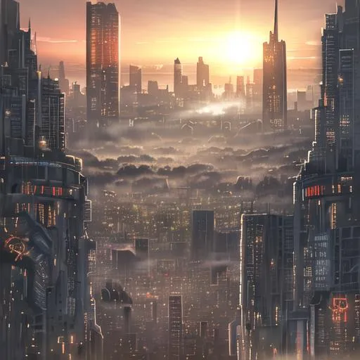 Prompt: dystopian future city, sunset, hoovercar, fog, dark light
