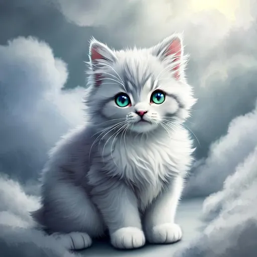 Prompt: Cute, very, very, light gray, fluffy, fantasy light kitten, with cloudy, white eyes, very, light, light, gray fur, and possessing the element of air and making circles of clouds and air move around in the air in a magical way, in a space background. Perfect features, extremely detailed, realistic. Krenz Cushart + loish +gaston bussiere +craig mullins, j. c. leyendecker +Artgerm.