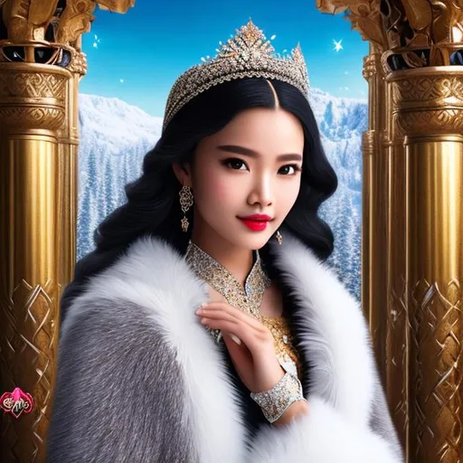 Prompt: High quality ice kingdom Malaysian Princess with black with snow flakes long hair, hyper realistic, brown eyes, cherry lips, smooth and soft skin, 4HD, 1080p. Sparkles, renaissance dress